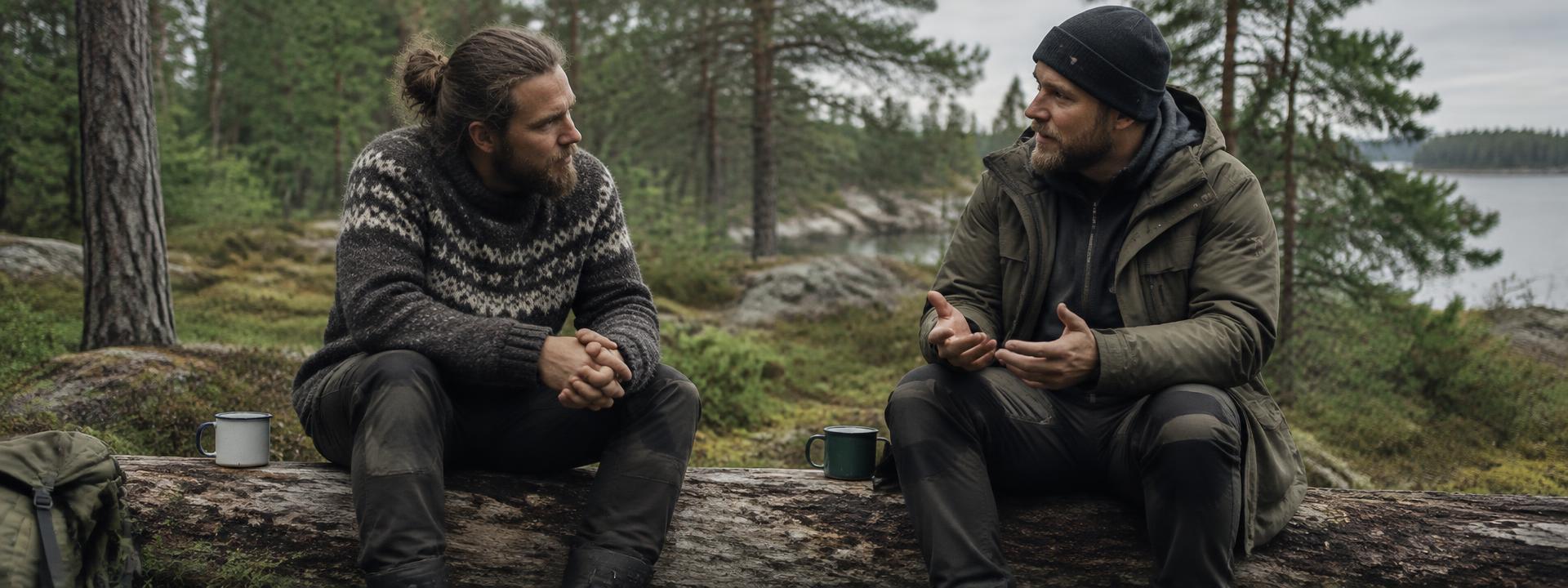 Neo and Viktor talking with coffee on a log in the forest