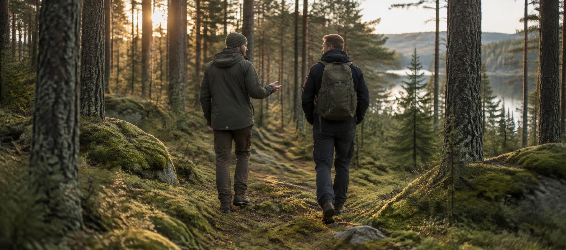 A founder and a Leader Quest partner walking and talking in a forest