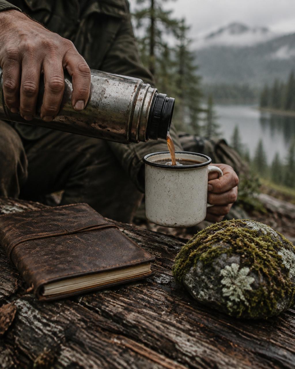 Coffee poured from a battered thermos onto a log beside a worn notebook